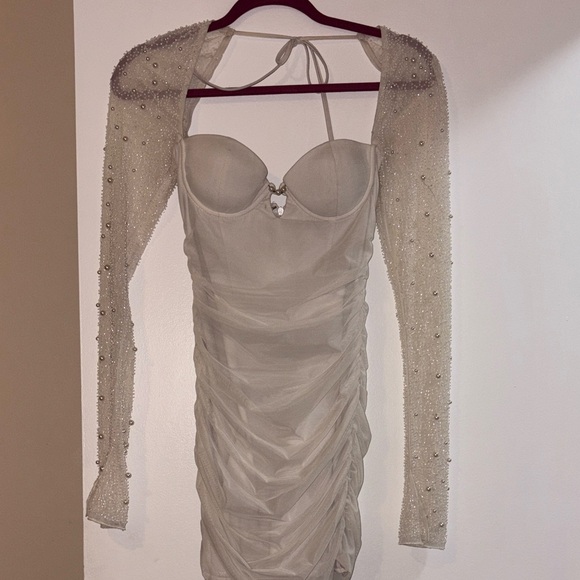 Oh Polly Dresses & Skirts - OH POLLY - Beaded Mini Dress, Long-Sleeve Ruched  - White